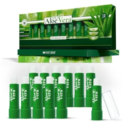 Abbildung von Set mit 12 Aloe Vera Lippenbalsamen, Feuchtigkeitspflege, Unisex, Bienenwachs, Vitamin E, Omega 3