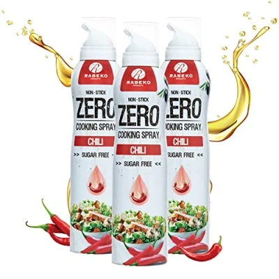 Abbildung von Rabeko Zero Kochspray kalorienarm CHILI 800 Portionen,2 kcal pro Sprühstoß Pfannenspray zum Braten, Grillen &amp; Backen ohne Zusätze, Zucker Gluten und Laktosefrei 3 x 200ml