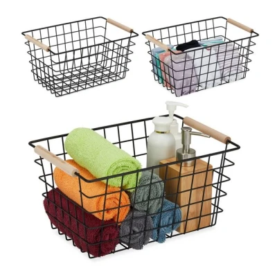 Abbildung von Relaxdays Drahtkorb, 3er Set, Metall, Holzgriffe, HBT: 16 x 31 21 cm, eckiger Aufbewahrungskorb, Bad &amp; Küche, schwarz