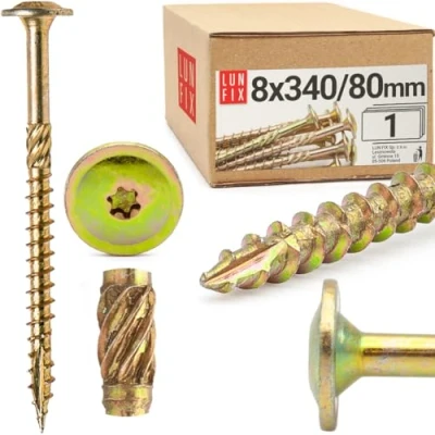 Abbildung von Lun Fix Tellerkopfschrauben 8x340 mm 1 Stück TX40 Tellerkopf/Fräsrippen Gelb Verzinkt Torx Schrauben Holzschrauben Flachkopfschrauben Holz Konstruktionsschrauben