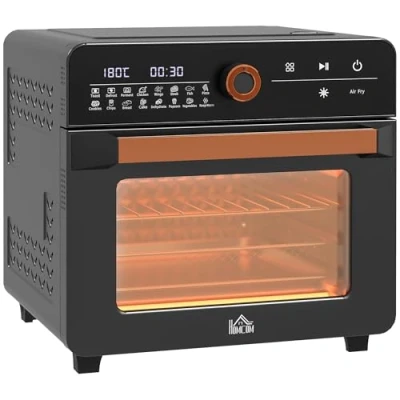 Abbildung von HOMCOM Minibackofen 20L Mini Ofen mit Grillrost, Backblech und Krümelblech, Frittierkorb, Timer, Innenbeleuchtung, 1400W, Edelstahl