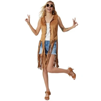Abbildung von dressforfun Hippie Kostüm Damenkostüm, Braune Weste mit tollen Accessoires.