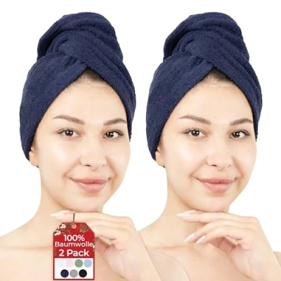 Abbildung von Hammetex 100% Baumwolle Haartücher Damen, 2 Stück Flaumig Schnell Saugfähig Schnelltrocknendes Haarturban Haarhandtücher mit Knopf, Dunkelblau