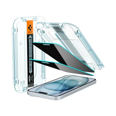 Abbildung von Spigen Glas.tR EZ Fit Sichtschutz Schutzfolie kompatibel mit iPhone 16 Plus, 15 2 Stück, Privacy Schutz, Kratzfest, 9H Härte Folie