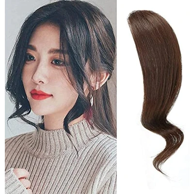 Abbildung von 2 STÜCKE Wave Side Bang Echt Echthaar Clip in Pony Curly Fringe Hair Extensions (Dunkelbraune Farbe)