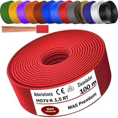 Abbildung von MAS Premium Von 5 bis 100m Aderleitung H07 V K 1x1,5 mm² SW, HBL, GNGE, GN, RT, DBL, BR, OR, GR, WS, VIO, U MAR.BL oder GE Einzelader flexibel (Rot, 100m)