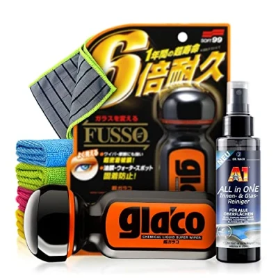 Abbildung von Auto Langzeit Scheibenversiegelung Set: Soft99 Ultra Glaco (70ml) + All in One Glasreiniger (100ml) Glasversiegelung für extrem glatte &amp; hydrophobe Autoscheiben, Fenster Dusche 6 teilig