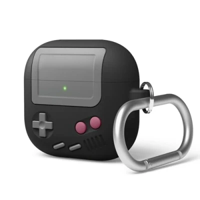Abbildung von elago AW5 Hülle Kompatibel mit AirPods 4. Generation (2024), Klassisches Retro Handheld Spielkonsolen Design Apple 4 Karabiner Inklusive (Schwarz)