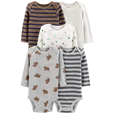 Abbildung von Simple Joys by Carter&#039;s Unisex Baby Long Sleeve Bodysuit Pack of 5 Body, Bär/Streifen/Waldtiere, 0 3 Monate (5er Pack)