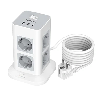 Abbildung von Mehrfachsteckdose Überspannungsschutz 3600W 16A, TESSAN 8 Fach Steckdosenleiste USB C Mehrfachstecker, Steckerleiste mit 2M Verlängerungskabel, Steckdosenturm Verteilersteckdose für Zuhause, Grau