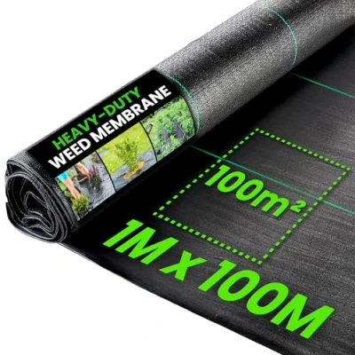 Abbildung von Unkrautvlies Wasserdurchlässig 100g/m² Extra stark Gegen Unkraut Reißfest und UV beständig Unkrautfolie für Garten, Hochbeet, Einfahrt usw (1m x 100m)