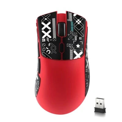Abbildung von MAMBASNAKE x Attack Shark R1 59 g leichte kabellose Tri Mode Gaming Maus mit Anti Rutsch Aufklebern, 2,4G/BT/Kabelkonnektivität, 5 programmierbare Tasten, 6 einstellbare DPI bis zu 18000,PAW3311 Rot