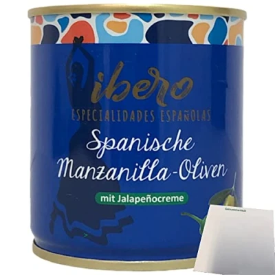 Abbildung von Ibero Spanische Manzanilla Oliven mit Jalapenocreme 1er Pack (1x200g Dose) + usy Block