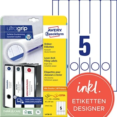 Abbildung von AVERY Zweckform L4758 25 Ordnerrücken Etiketten (150 Rückenschilder mit ultragrip, 38x297mm auf A4, schmal/lang, selbstklebend, absolut blickdicht, bedruckbare Ordneretiketten) 30 Blatt, weiß