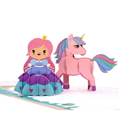 Abbildung von MOKIO® Pop Up Karte Prinzessin &amp; Einhorn süße 3D Grußkarte zum Geburtstag, Glückwunschkarte Kindergeburtstag