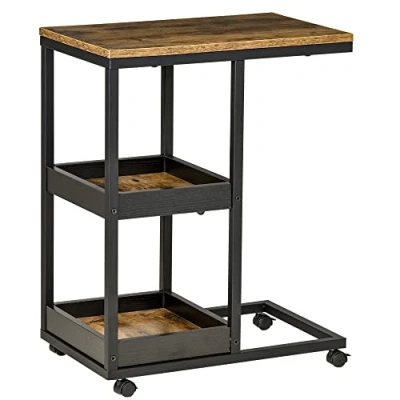 Abbildung von HOMCOM Beistelltisch, Couchtisch mit Rollen, Ablage, Kaffeetisch im Industrie Stil für Wohnzimmer, Schlafzimmer, Dunkelbraun, 51 x 33 66 cm