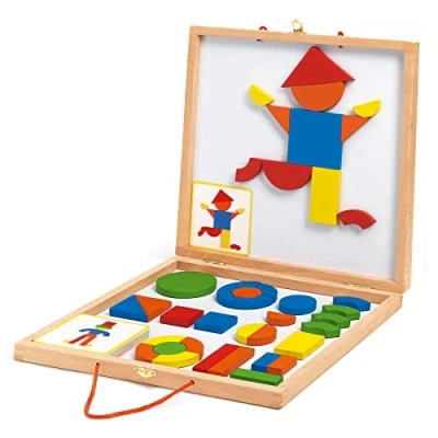 Abbildung von DJECO Geoform Kunterbunte Magnete im Holzkoffer DJ03130 Magnetspielbausteine