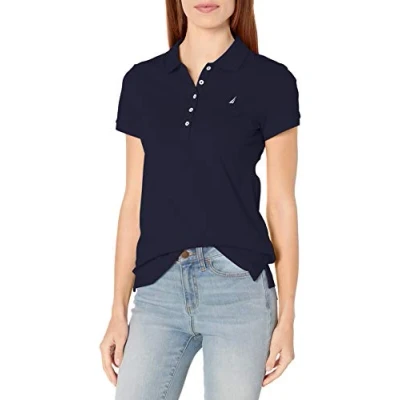 Abbildung von Nautica Damen Poloshirt mit 5 Knöpfen, kurzärmelig, atmungsaktiv, 100% Baumwolle Polohemd, Navy, X Klein