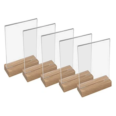 Abbildung von HMF 46942 Acryl Tischaufsteller mit Holzfuß 5 Stück DIN A5 Hochformat Glasklar