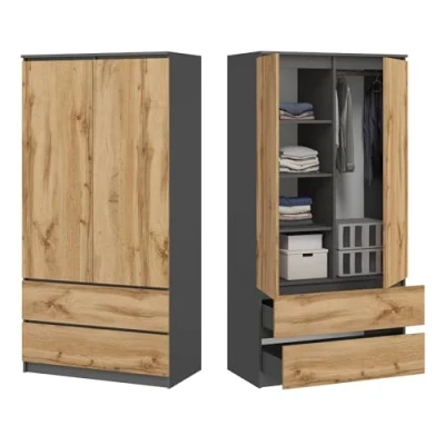 Abbildung von Kleiderschrank Schrank Anthrazit und Eiche 180cm hoch 90cm breit mit 2 Schubladen, 3 Einlegeböden Kleiderstange Haushaltsschrank Organizer aus Holz für Schlafzimmer Flur Keller Büro