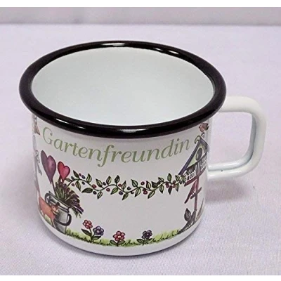 Abbildung von linoows Emaille Kaffeepott Gartenfreundin, Tasse, Henkelbecher, Kaffeetasse 9 cm