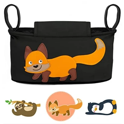 Abbildung von GLÜCKSWOLKE Kinderwagen Tasche in Grau oder Schwarz I 6 Motive Kinderwagentasche &amp; Buggy Organizer, mit Getränkehalter und Feuchttücherfach