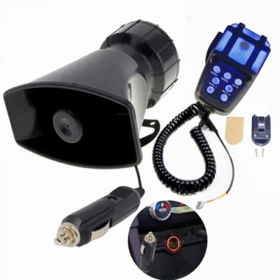 Abbildung von YIYIDA Autohupe Lufthorn Auto Sirene Blaues Licht und Schwarz 7 Tone Schließen Sie den Zigarettenanzünder des Autos an 135db Sound Verstärker mit Mic PA Lautsprecher System für 12V LKW Boot ect