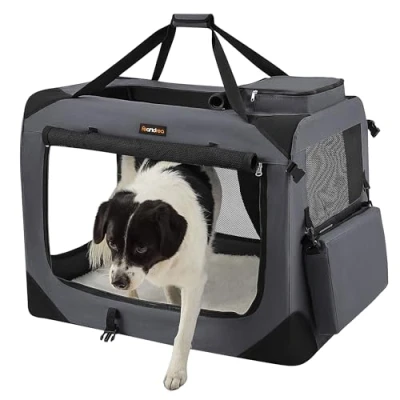 Abbildung von Feandrea Hundebox faltbar, Transportbox Hund, XL, Hundetasche, Oxford Gewebe, Netzstoff, atmungsaktiv tragbar transportabel, Metallrahmen, mit Griffen, Taschen, 81 x 58 cm, grau PDC008G01