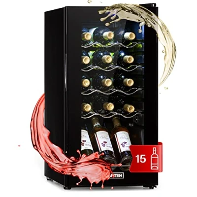 Abbildung von Klarstein Weinkühlschrank, 1 Zonen Getränkekühlschrank Klein, Kleiner Weinschrank 53L, Wein Kühlschrank Klein mit Glastür, Indoor/Outdoor Flaschenkühlschrank, Wine Fridge 5 18C, 15 Flaschen