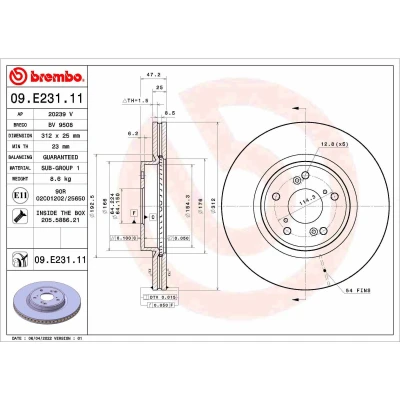 Abbildung von BREMBO 09.E231.11 Bremsscheibe 312 25 5 innenbelüftet beschichtet mit Schrauben HONDA: CR V
