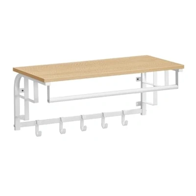 Abbildung von VASAGLE Wandgarderobe mit Ablage, Wandregal, 5 abnehmbaren Haken, wandmontiertes Hängeregal Hängestange, für Flur, Schlafzimmer und Wohnzimmer, goldeichenfarben wolkenweiß LCR012N01