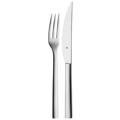 Abbildung von WMF Nuova Steakbesteck 2 teilig, für 1 Person, Steak Besteck Set, Steakgabel, Steakmesser, Cromargan Edelstahl poliert, spülmaschinengeeignet, Silber