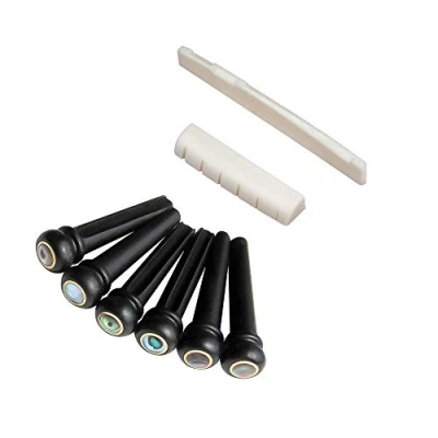 Abbildung von Holz Ebenholz Abalone &amp; Messing für Gitarren Steg Pins String Pegs Gitarre Saitenende Schlitz Knochen Mutter Brücke Sattel Set