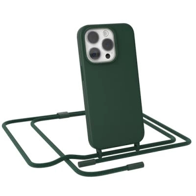 Abbildung von EAZY CASE Handykette kompatibel mit iPhone 15 Pro dünne Handyhülle für Hülle Band als Fallschutz Kette zum Umhängen stoßeste Silikon Mikrofaser in Pinien Grün