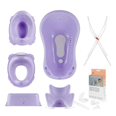 Abbildung von Hylat Baby Komplett Set: Stabile Babybadewanne mit Thermometer, Ständer Badewannensitz, Ablaufschlauch, Toilettentrainer, Töpfchen, Bad Tritthocker stabil und bequem