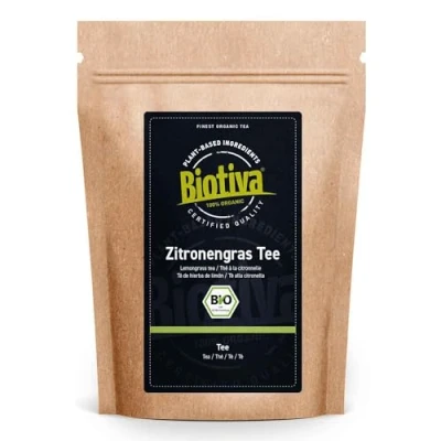 Abbildung von Zitronengras Tee Bio 250g Cymbopagon citratus reinste Zitronengräser ohne Zusätze vegan 100% Qualität Abgefüllt und kontrolliert in Deutschland Biotiva