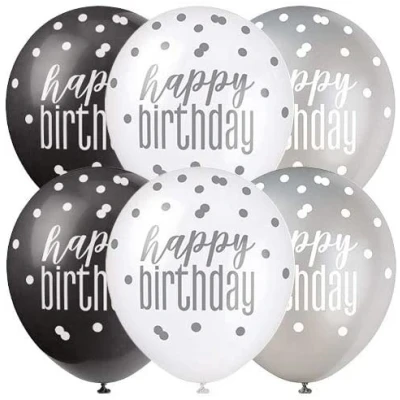Abbildung von Ballon Alles Gute zum Geburtstag Glitz Schwarz Silber Weiß 6 Stück