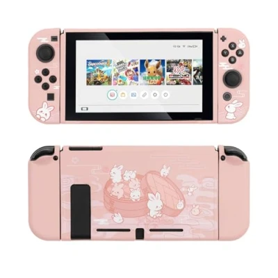 Abbildung von GeekShare Pink Hase Schutzhülle Kompatibel mit Nintendo Switch, Soft TPU Slim Case Cover Fit Schalterkonsole und Joy Con (Steamed Bun Rabbit) [Videospiel]