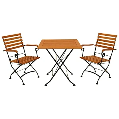 Abbildung von DEGAMO Garten Sitzgruppe Klappgarnitur HOFGARTEN 3 teilig (2X Armlehnensessel, 1x Tisch 75x75cm), Stahl schwarz pulverbeschichtet, Eukalyptus Holz braun geölt, FSC® Zertifiziert, Outdoor