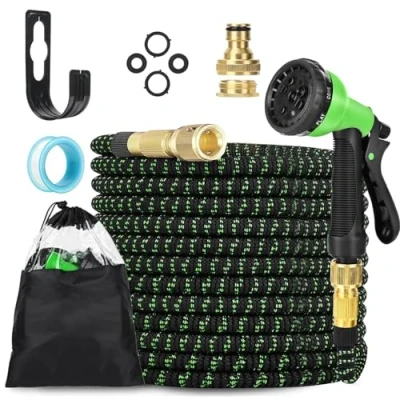 Abbildung von LINGKY Flexibler Gartenschlauch 15m mit 8 Funktionen Brause, Wasserschlauch flexibel 3 Fach Latexkern inkl. Vollmessing Adapter für 1/2&#039; 3/4&#039; Zoll und Wandhalterung, dehnbarer flexiSchlauch
