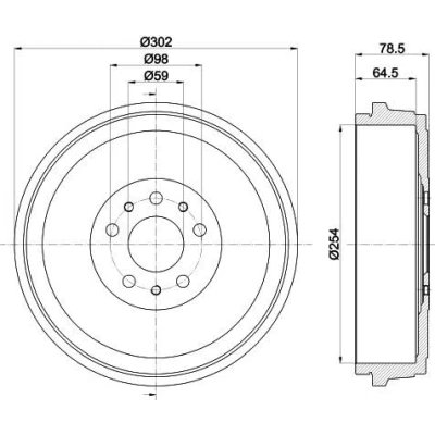 Abbildung von HELLA 8DT 355 303 341 Bremstrommel ohne Radlager, Radbefestigungsbolzen, Radnabe 302 FIAT: Doblo II Kasten / Kombi, I Kombi