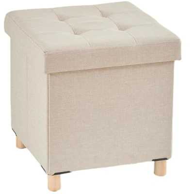 Abbildung von Zedelmaier Sitzhocker mit Stauraum, Hocker Holzfüßen,Aufbewahrungsbox faltbar, Fußhocker Deckel, bis 300 kg belastbar, für Eingang, Wohnzimmer, Schlafzimmer (Beige)