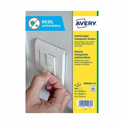 Abbildung von Avery Antimikrobielle Folie, quadratische Aufkleber für Knöpfe, selbstklebende transparente verschiedene Größen, 68 Etiketten pro A4 Blatt, 10 Blatt Packung (AM00SA4)