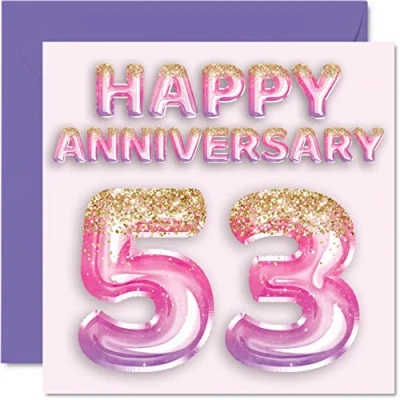Abbildung von Stuff4 Hübsche Karte zum 53. Jahrestag für Ehefrau, Freundin, Ehemann, Freund, rosa lila Glitzerballons Happy 53 Jahrestagskarten aus der Familie, 145 mm x Grußkarten fünfzig Jubiläen