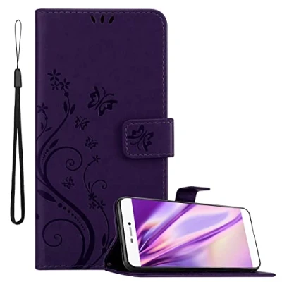 Abbildung von Cadorabo Hülle kompatibel mit Huawei P8 Blumen Design aus Premium Kunst Leder Flip Klappbare Stoßfeste Magnetische [Standfunktion] [Kartenfächern] Cover für Tasche in Lila