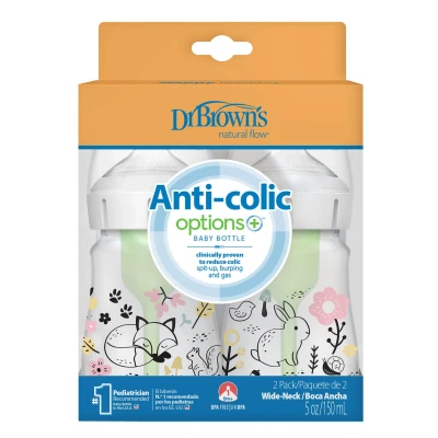 Abbildung von Dr. Brown&#039;s Natural Flow® Anti Colic Options+™ Weithals Babyflasche, Designer Edition, Woodland Dekos, 150 ml, Level 1 Nippel, 2er Pack, 0 m +