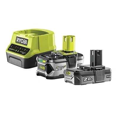 Abbildung von RYOBI 18 V ONE+ Akku Starter Set RC18120 242 (1x 2,0 Ah &amp; 1x 4,0 Akku, Schnellladegerät mit 2,0A Ladestrom, Lithium+ Akkutechnologie für mehr Laufzeit, Leistung und Lebensdauer, IntelliCell™)