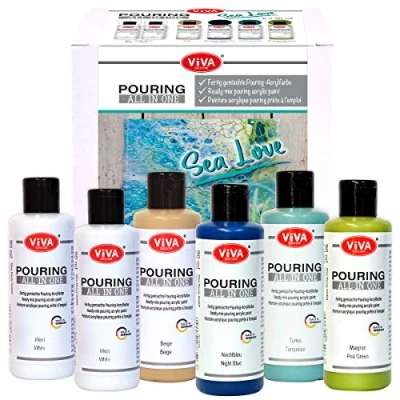 Abbildung von Viva Decor Pouring All in One Farbset Sea Love (6 x 90 ml) fertig gemixte, gebrauchsfertige, flüssige Acrylfarben, kein Mischen erforderlich, für Leinwand, Holz uvm. Made Germany