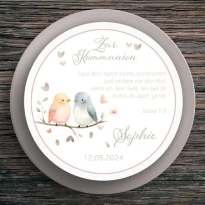 Abbildung von Tortenaufleger Kommunion Vögel #1 Name &amp; Datum (20cm)