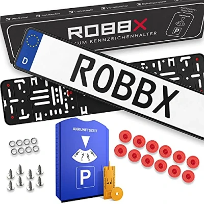 Abbildung von ROBBX® 2X Rahmenlose Auto Kennzeichenhalter Vibrationsdämpfer für Lackschutz 5 in1 Parkscheibe Befestigungskit Nummernschildhalter werbefrei